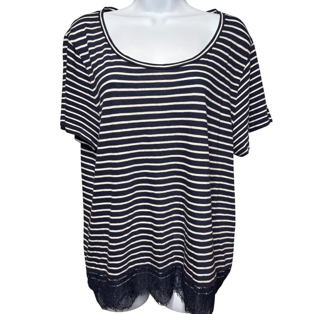 J. CREW Womens Navy Blue Striped Lace Hem Short Sleeve T-Shirt XL Casual‎ Girly